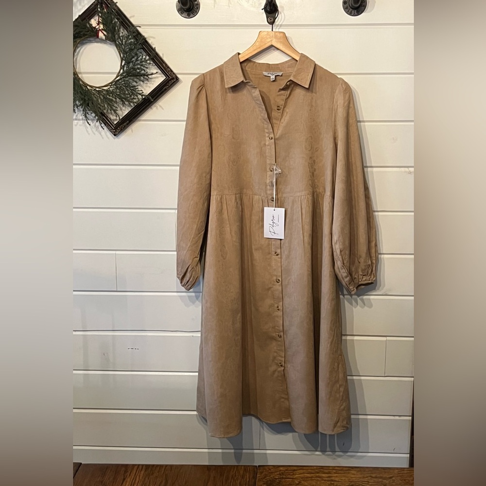 Taupe Button-Up Textured Shirt Dress